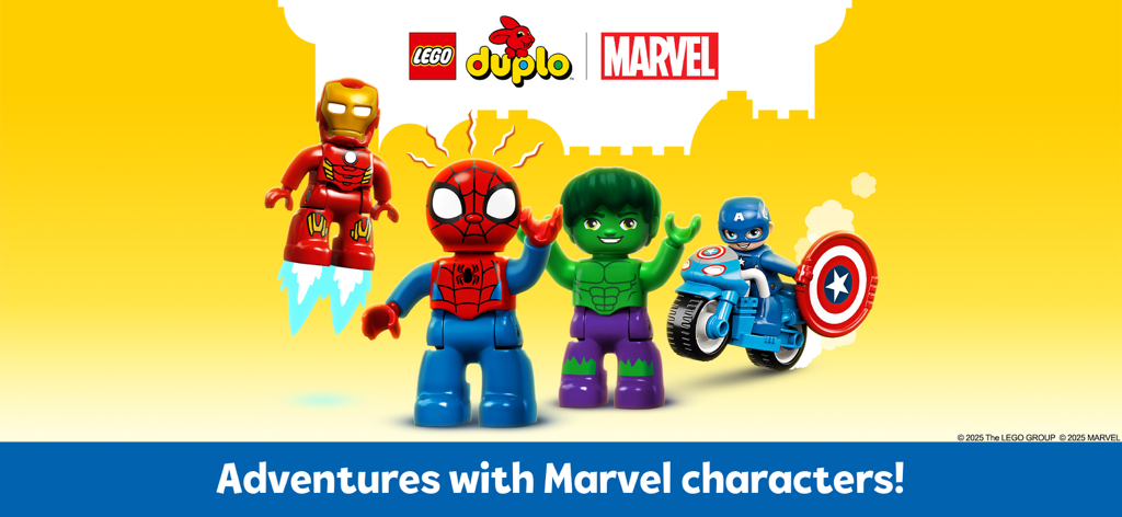 LEGO DUPLO versions of Iron Man, Spider-Man, Hulk, and Captain America featured on a yellow background