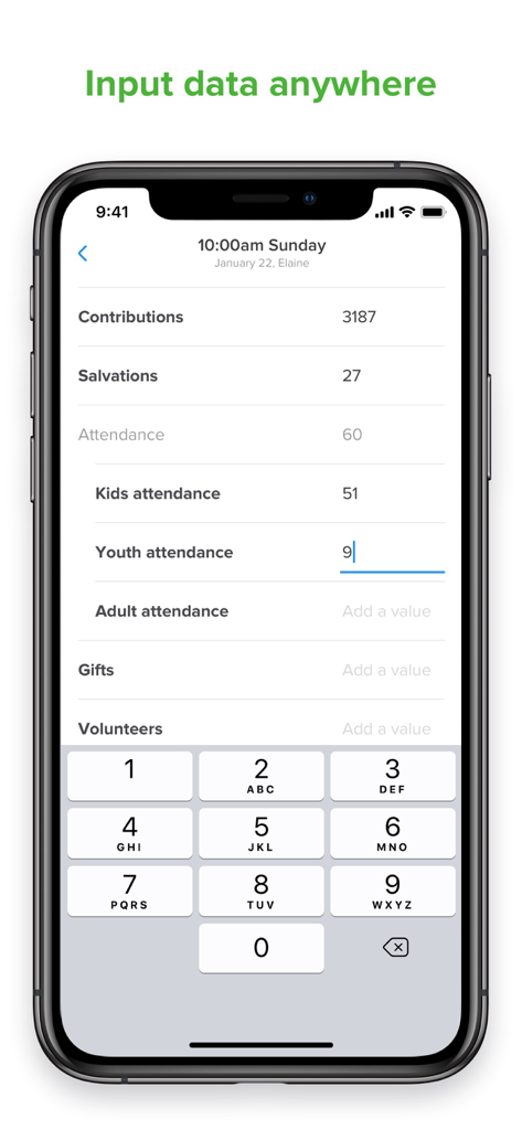 Interface of the Church Metrics app for recording service attendance and contributions