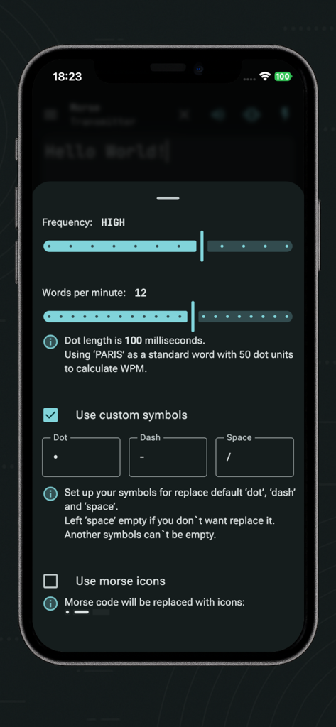 Morse Code Communicator - Morse Code Communicator app settings screen showing frequency and WPM adjustments.