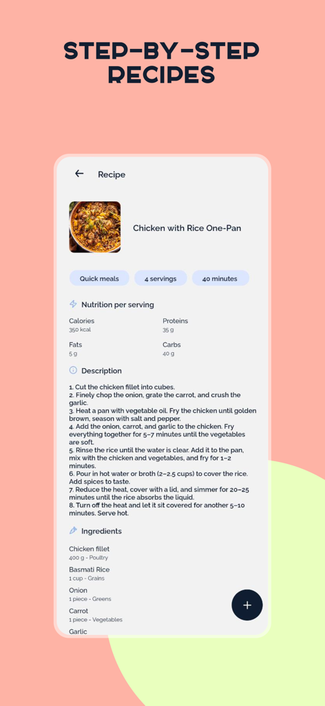 Step-by-step recipe instructions and nutrition facts for Chicken with Rice One-Pan on the Plate app