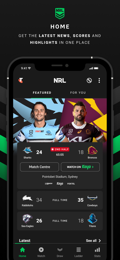 NRL Official App - NRL Official App home screen showing live rugby scores and match highlights