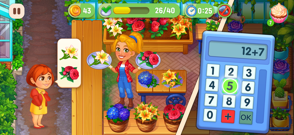 Farming Fever - Cooking game - Una personaje femenina sirviendo pedidos de flores a un cliente en una colorida floristería con una superposición de puzzle matemático.