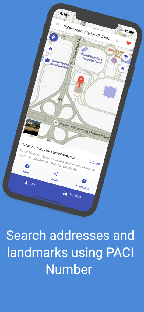 Kuwait Finder - Kuwait Finder mobile app interface showing a map with a landmark pin and text explaining search by PACI number