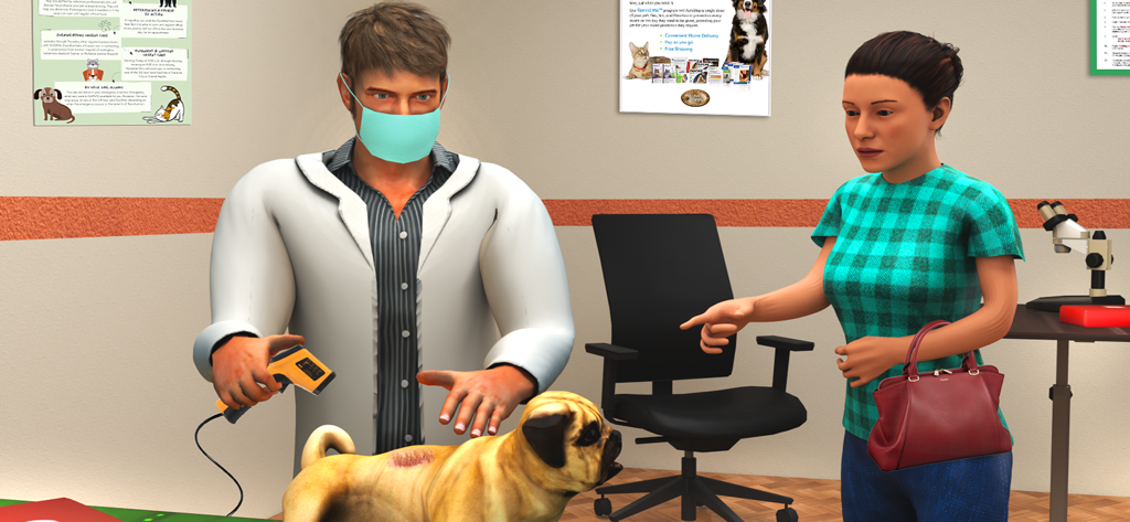 Family Pet Life Dogs Simulator - Un veterinario examinando a un perro pug en una simulación de clínica de mascotas