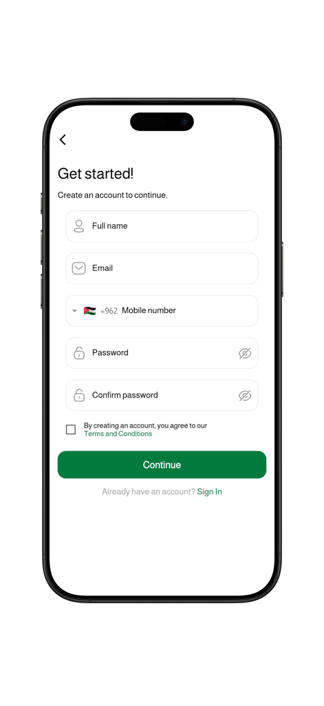 JRE : Hotel, Apartments - User registration screen for the JRE Jordanian Real Estate app with fields for name email and mobile number