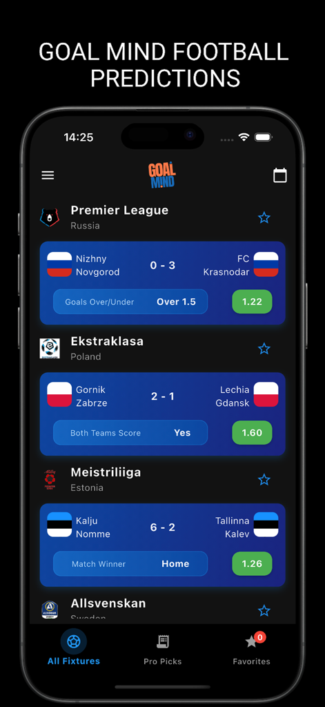 Goal Mind Soccer Predictions - Interface do aplicativo Goal Mind Soccer Predictions mostrando jogos de futebol e dicas de apostas com odds
