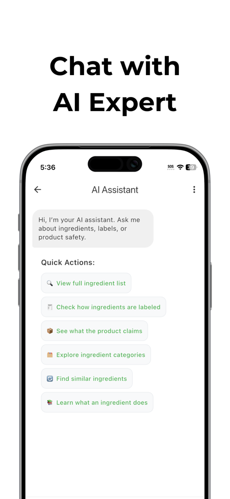 Safe Choice - Product Scanner - AI Assistant interface in the Safe Choice app showing quick action buttons for product analysis