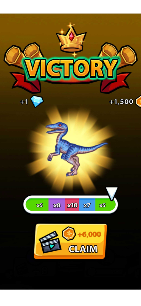 Dino Merge Master: Fight & Run - Victory screen in Dino Merge Master showing a blue dinosaur and game rewards