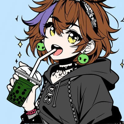 hot baddie anime girl drinking boba and biting the straw