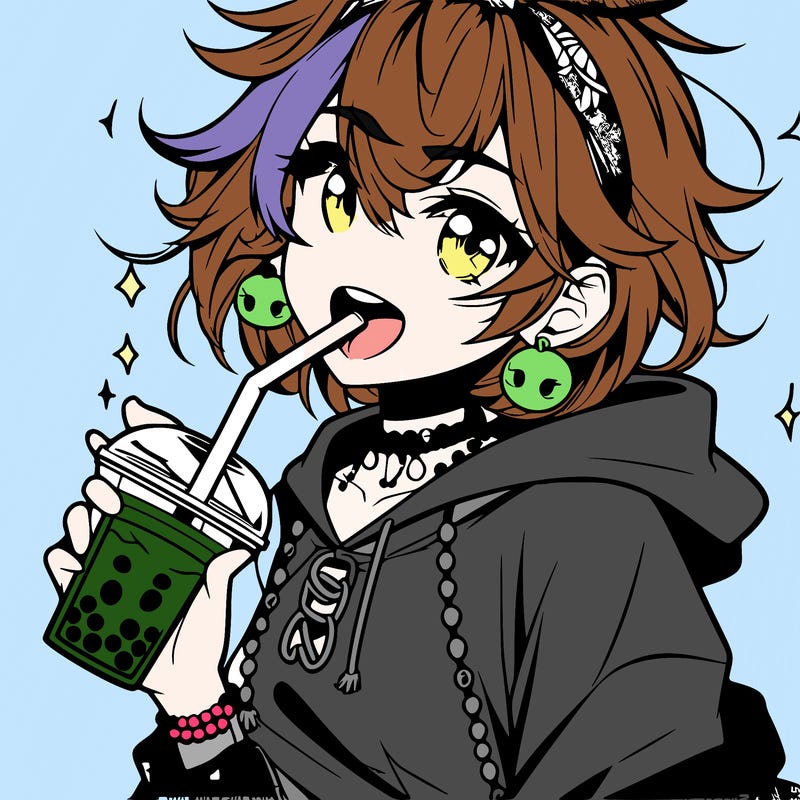 hot baddie anime girl drinking boba and biting the straw