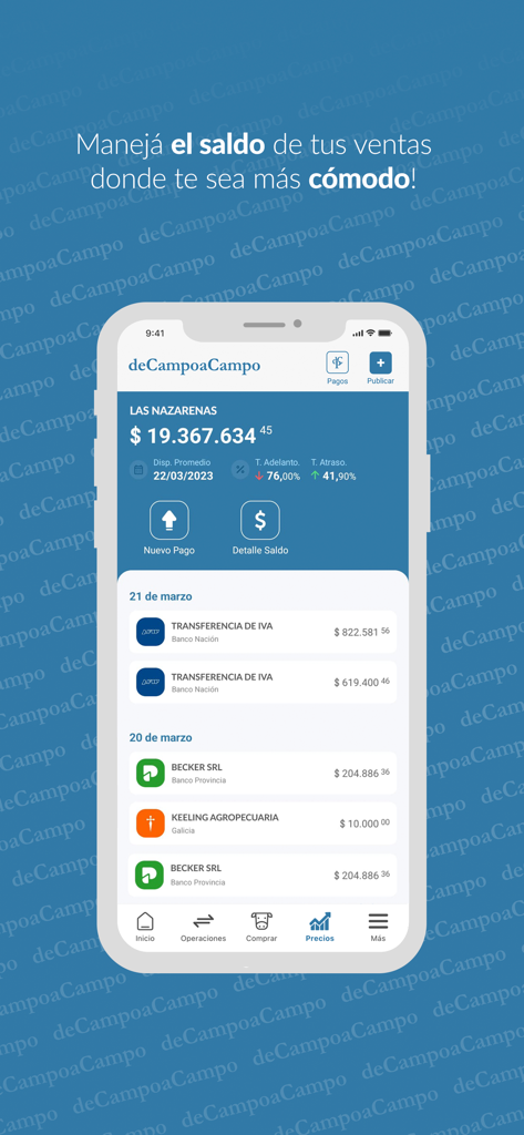 deCampoaCampo - Mobile Benutzeroberfläche der deCampoaCampo-App, die den Umsatzsaldo und die Transaktionshistorie für Vieh anzeigt