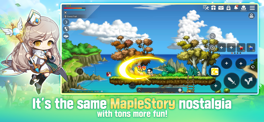 Gameplay von MapleStory M, das einen Charakter in einer 2D-Side-Scrolling-Welt mit Anime-Ästhetik zeigt.