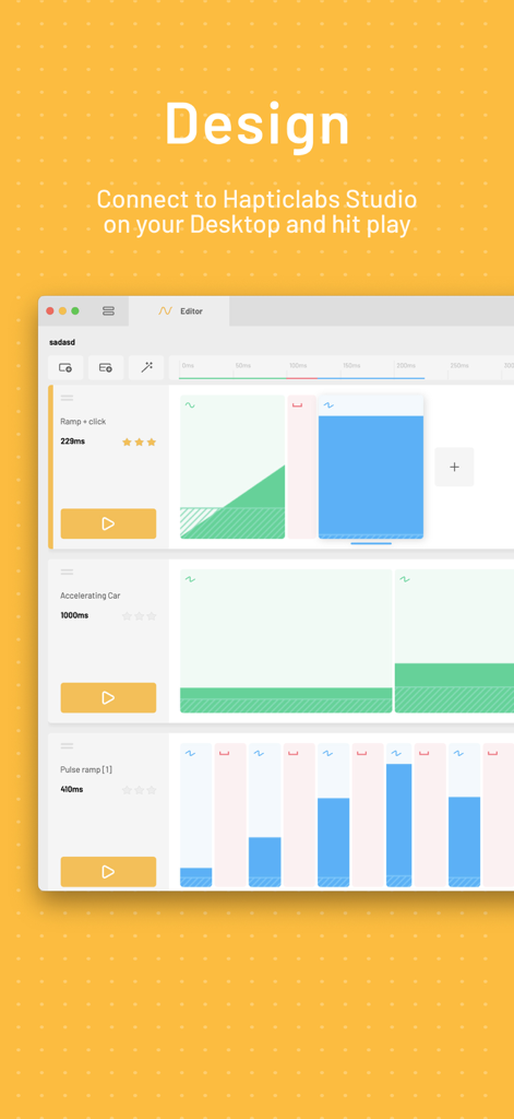 Hapticlabs: Haptic design - A professional desktop interface for designing custom haptic patterns with multiple editor tracks and playback controls.