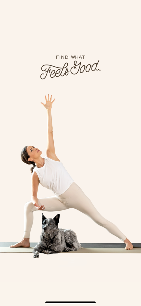 Find What Feels Good Yoga - Adriene Mishler practicing yoga with her dog Benji on the Find What Feels Good app screen