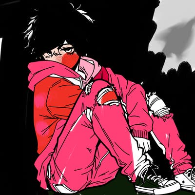 a male hoddie ripped jeans messy hair anime