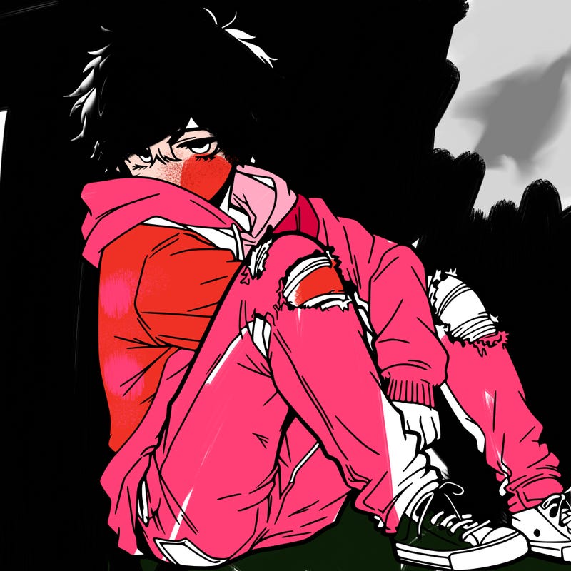 a male hoddie ripped jeans messy hair anime