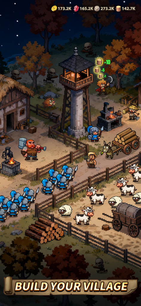 Top Heroes: Kingdom Saga - Top Heroes Kingdom Saga gameplay showing village construction with workers collecting resources and soldiers patrolling