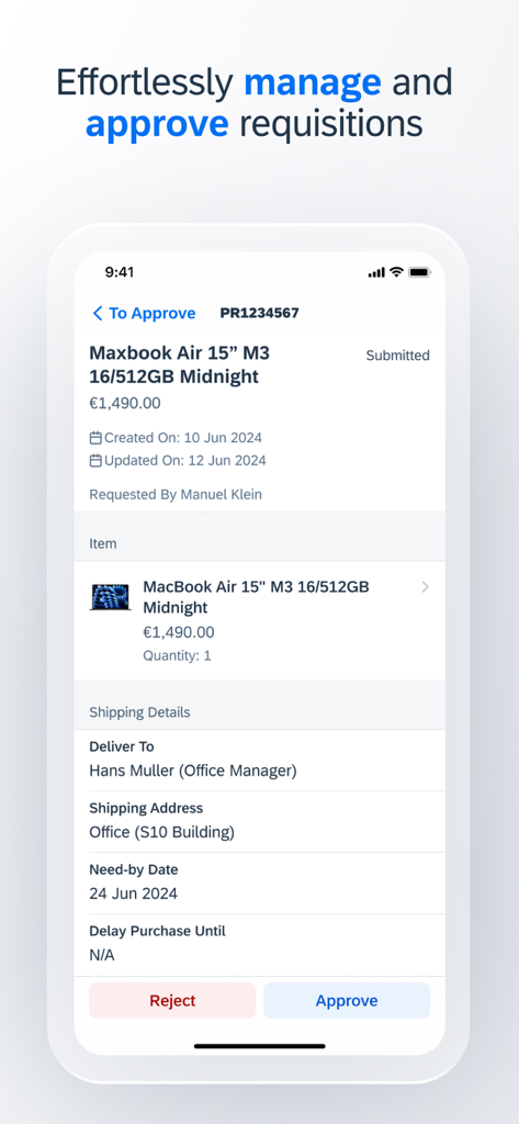SAP Ariba Shopping - Pantalla móvil de la aplicación SAP Ariba Shopping que muestra una solicitud de compra de un portátil con botones para aprobar o rechazar.