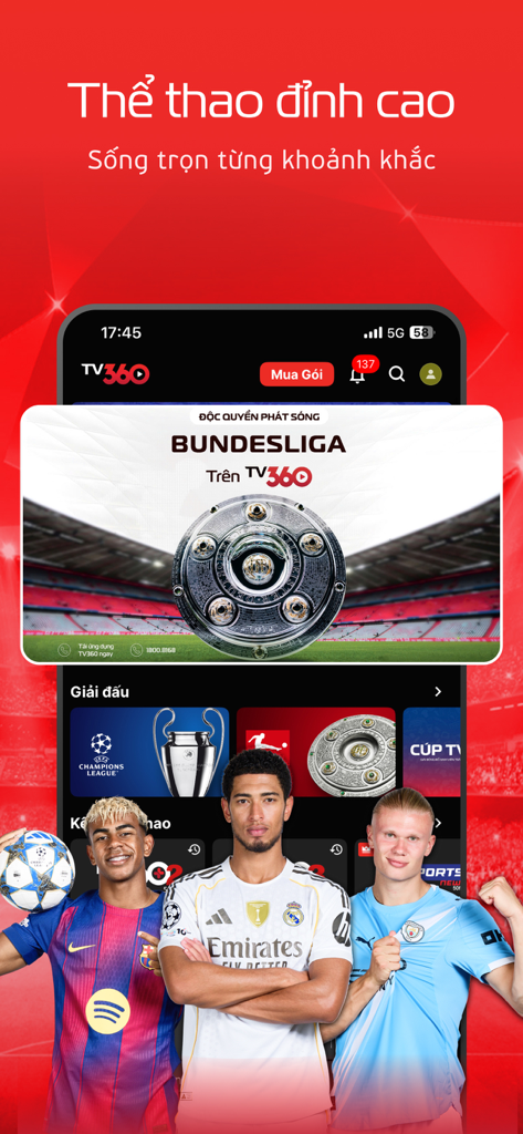 TV360 – Truyền hình trực tuyến - TV360 App-Oberfläche mit Live-Europaligen und professionellen Fußballspielern.