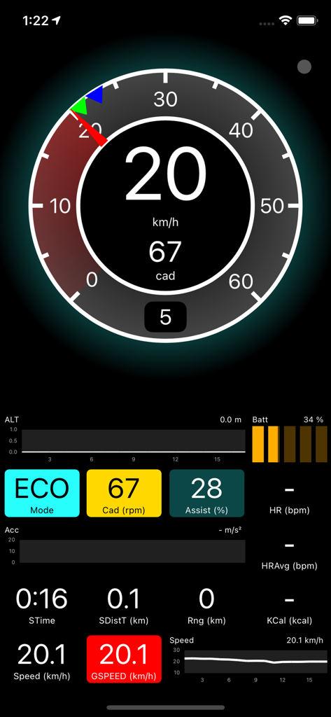 STUnlocker Ride - E-bike telemetry dashboard for Shimano motors showing speed, cadence, and battery level.