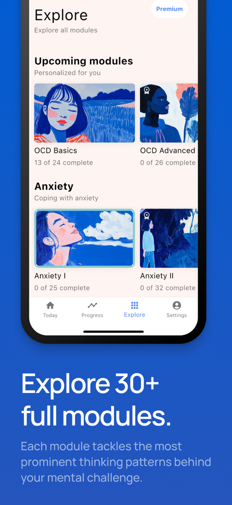 Interface of the OCD app showing various therapy modules for OCD and anxiety