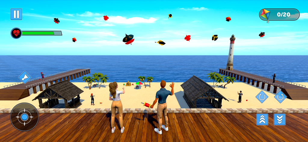 Kite Flying Simulator Games - Gameplay scene of Kite Flying Simulator featuring characters on a beach deck with colorful kites in the sky