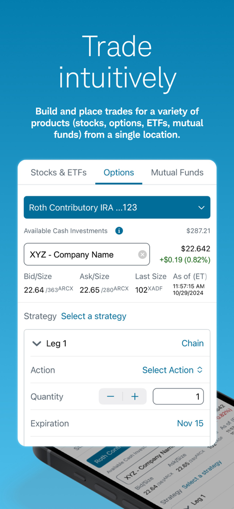 Schwab Mobile app interface for building and placing options trades