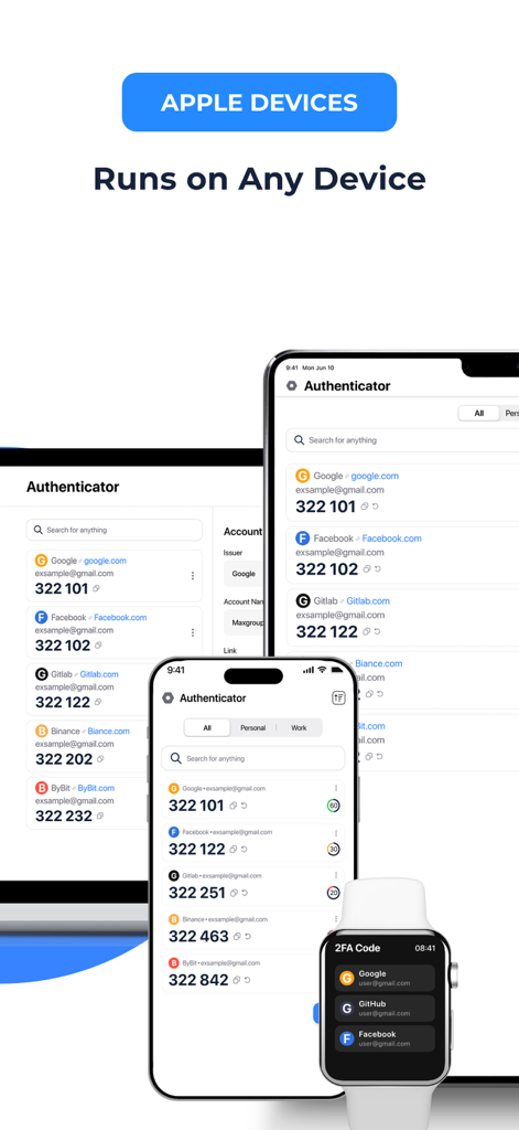 Codes 2FA de l'application d'authentification synchronisés sur les écrans d'iPhone, Mac et Apple Watch.