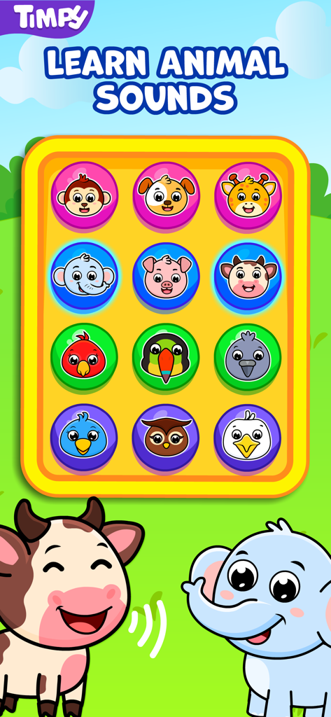 Pop It Games For 2 Year Olds - Pantalla de juego educativo para niños pequeños titulada Aprende sonidos de animales, que presenta una cuadrícula de botones con caritas de animales de dibujos animados lindos