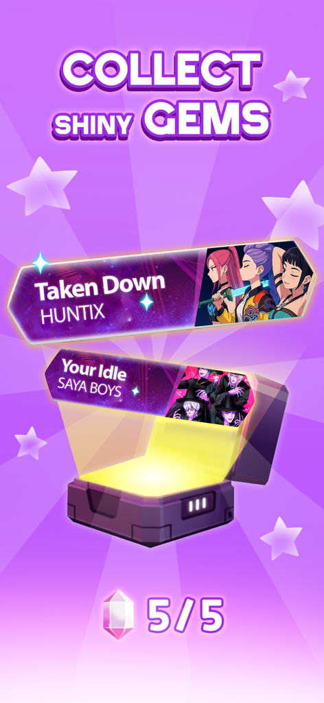 Demon Hop: Ball & Music Game - 光る報酬チェストが開き、Demon Hop音楽ゲームで新しいアンロックされた曲やアニメキャラクターが表示されます。