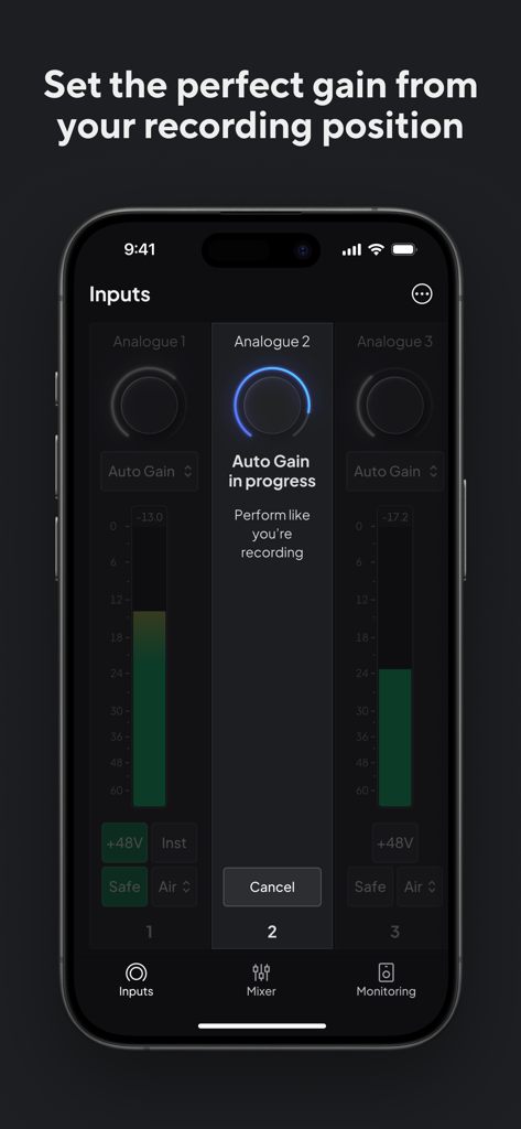 Focusrite Control 2 - Focusrite Control 2 app interface showing auto gain setting in progress for an analogue input
