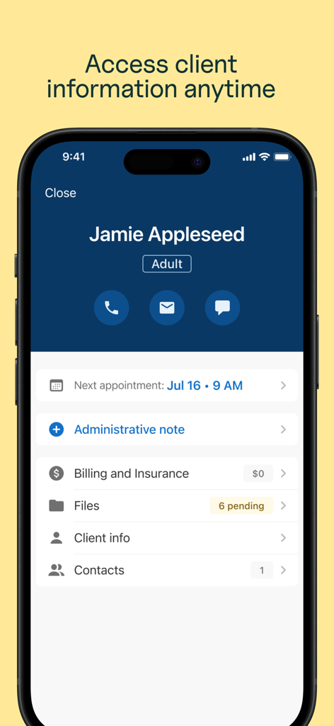 SimplePractice for Clinicians app showing a client profile with appointment, billing, and contact details.