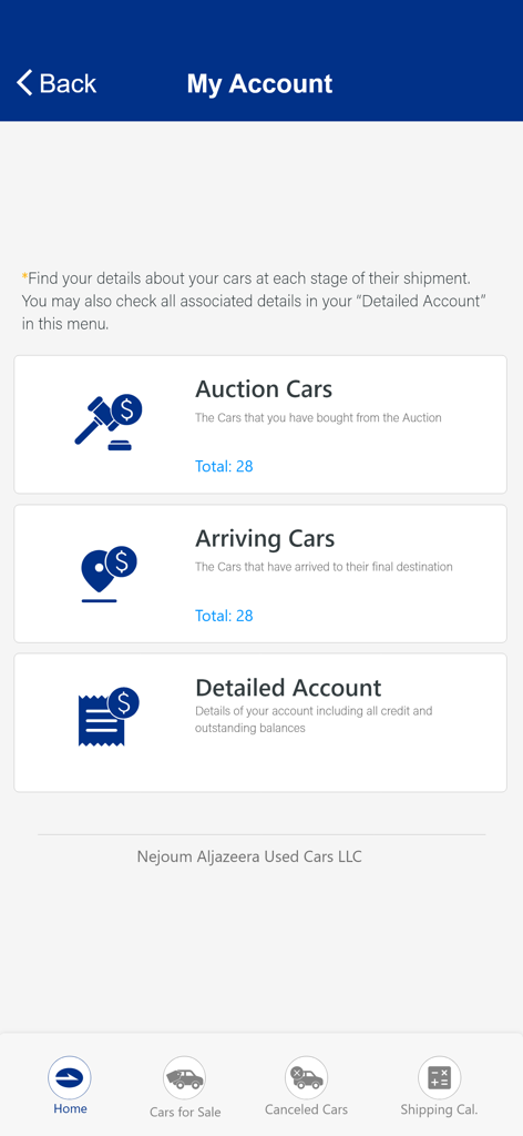 Nejoum Al Jazeera mobile app My Account screen displaying auction car totals and shipping arrival status