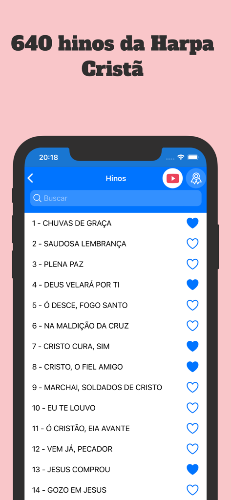 Harpa cristã com áudio: Hinos - Tela do smartphone mostrando uma lista numerada de 640 hinos cristãos em português da Harpa Cristã do aplicativo