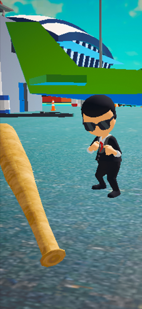 Crazy Airport Chaos: Slap Game - First person view of a player holding a baseball bat to hit a character in a suit at an airport