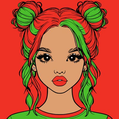 realistic girl with two buns in hair and lips