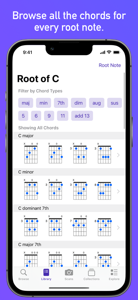 GtrLib Chords Pro 앱의 스크린샷으로 C 근음에 대한 다양한 기타 코드 다이어그램을 표시합니다.