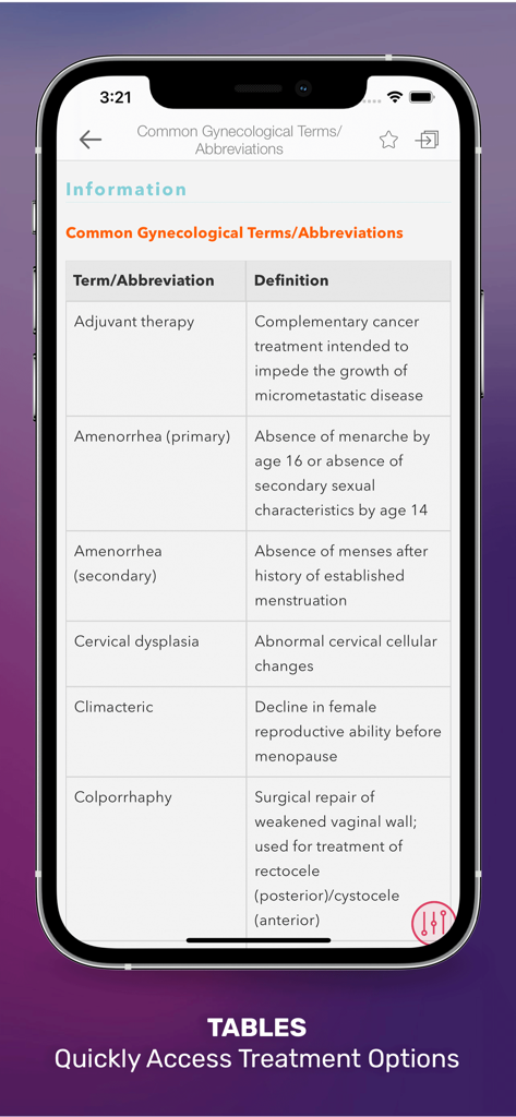 OB/GYN Peds Notes - Una pantalla de aplicación móvil que muestra una tabla de términos y abreviaturas ginecológicas comunes con sus definiciones clínicas.
