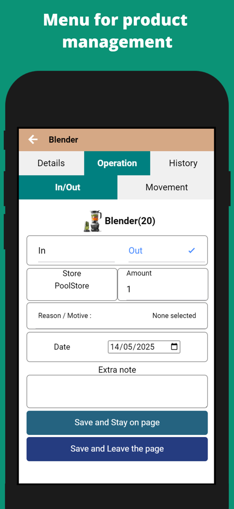 Stock Manager Online - Mobile app screen for recording product stock movements and inventory levels