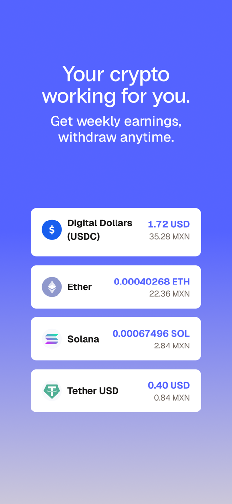 Interfaz de la aplicación Bitso que muestra activos de criptomonedas generando ganancias semanales para USDC, Ether, Solana y Tether USD