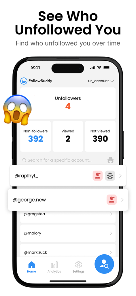 FollowBuddy - Unfollow Tracker - FollowBuddy app interface showing Instagram unfollower statistics and a list of accounts that do not follow back