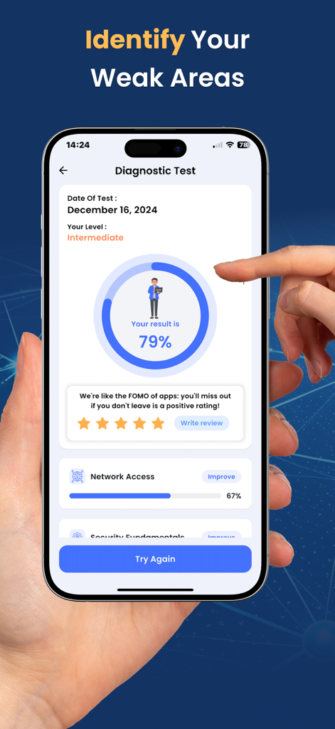 Bildschirm mit Testergebnissen der CCNA 200-301 Diagnoseprüfung zeigt eine Punktzahl von 79 Prozent und Fortschritte auf mittlerem Niveau
