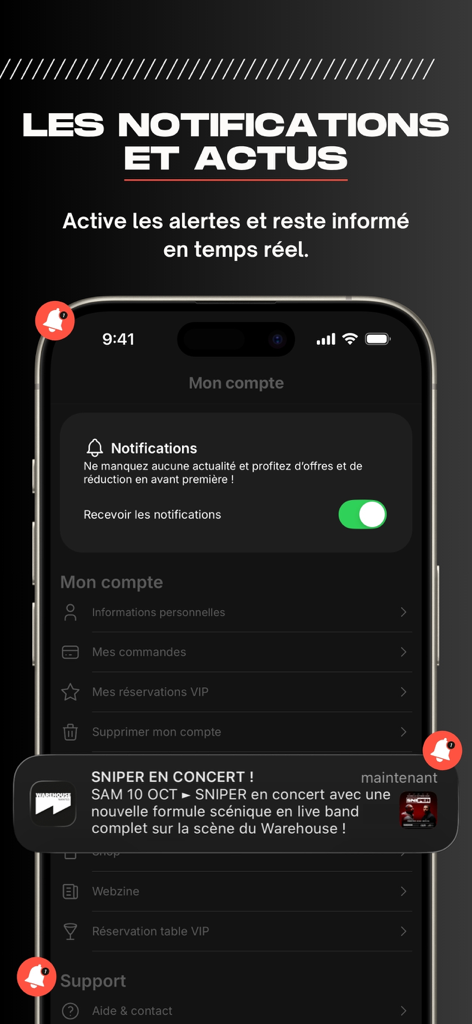 Warehouse App-Oberfläche mit Einstellungen für Echtzeit-Benachrichtigungen und Konzert-Alerts.