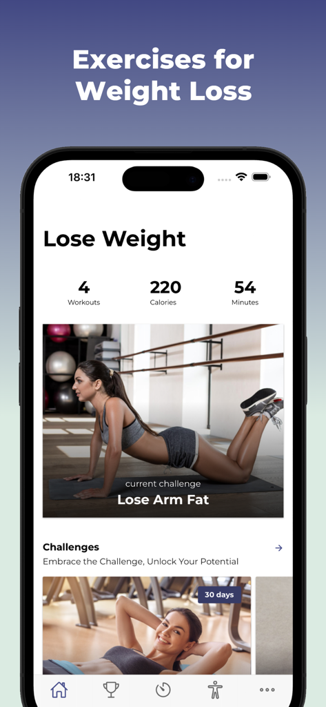 30 Day Weight Loss Challenge - Dashboard der 30-Tage-Abnehm-Challenge-App, das den Trainingsfortschritt und Fitnesspläne anzeigt.
