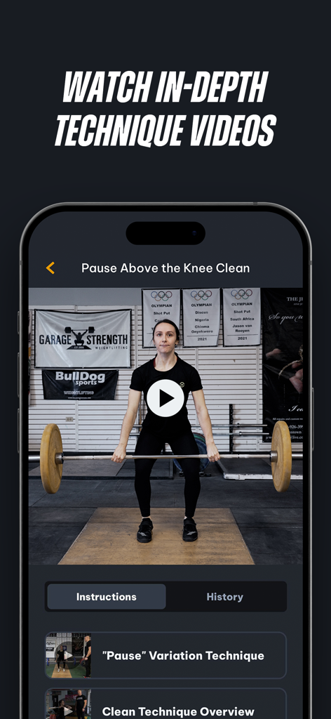 Peak Strength - Peak Strength mobile app screen showing a weightlifting technique video for a pause clean with instructional cues