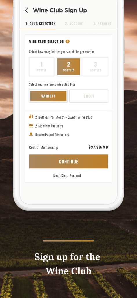 Cooper's Hawk app screen for Wine Club membership signup showing bottle selection and pricing