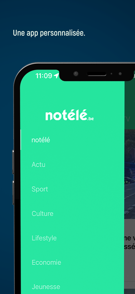 notélé - Smartphone displaying the navigation menu of the notele news app with categories in French including news sport and culture
