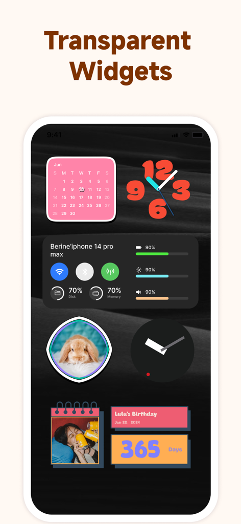 Widget Park-Transparent Widget - iPhone home screen displaying various transparent widgets including a pink calendar a large clock and system info bars