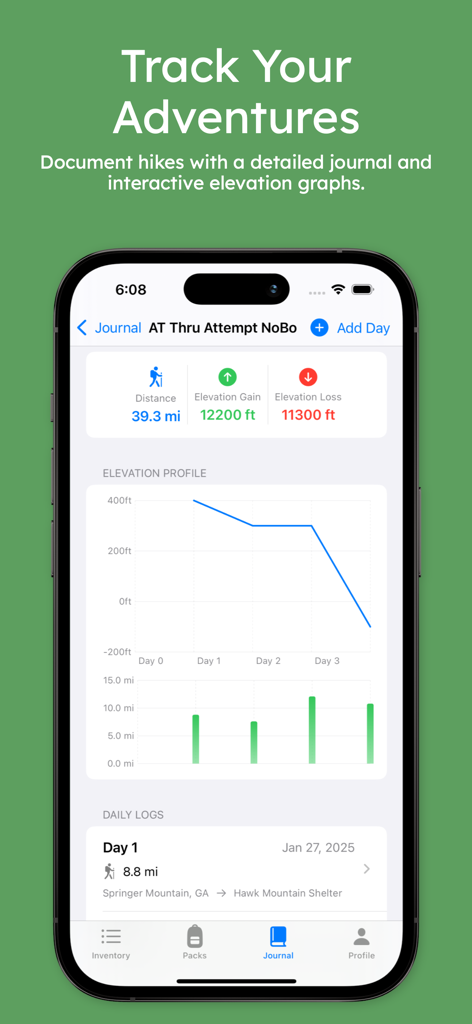 Pak Mule app interface showing hike distance and elevation profile in the journal tab