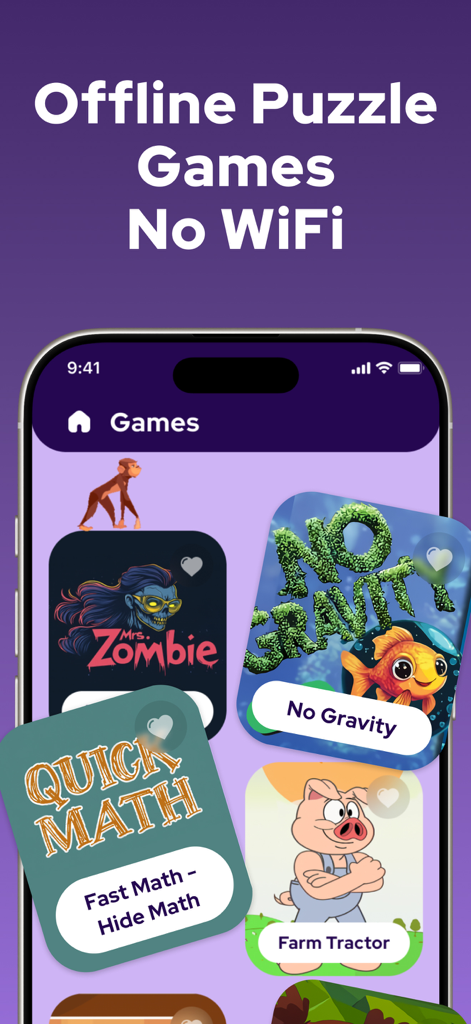 Offline Puzzle Games - No WiFi - A smartphone screen displaying a selection of casual games in the Offline Puzzle Games app interface